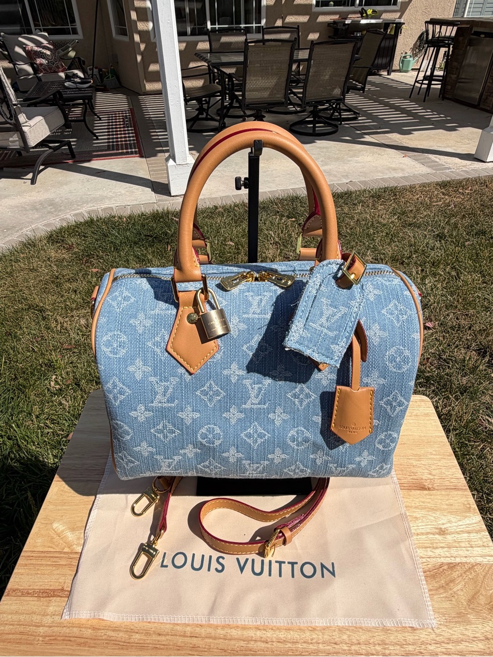 NEW LV Print Speedy Denim Monogram Satchel HandBag Blue Tan & Gold Lock Key - Picture 4 of 16